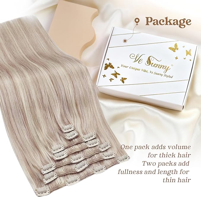 Ve Sunny Real Hair Extensions Clip in Human Hair Ash Blonde Highlight Bleach Blonde Remy Human Hair Clip in Extensions Straight 16inch 120g 7pcs