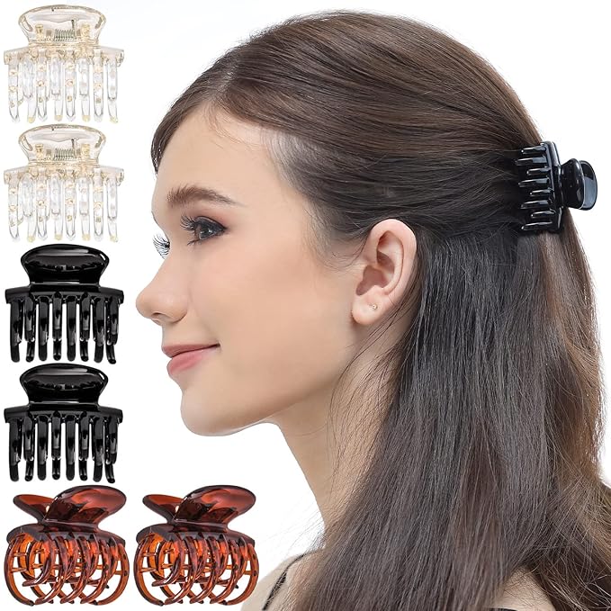RC ROCHE 6 Pcs Double Claw Hair Clip Tooth Claw Clip Grip Tooth Jaw Clamps Thin Fine Hair Strong Hold No Slip Undo Clutchers for Women, Small Clear Brown and Black
