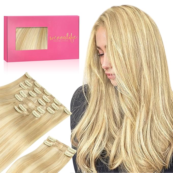 WENNALIFE Clip in Hair Extensions, 150g 14 Inch 9pcs Light Blonde Highlighted Golden Blonde Human Hair Extensions Thicker Real Human Hair Clip Set Double Weft