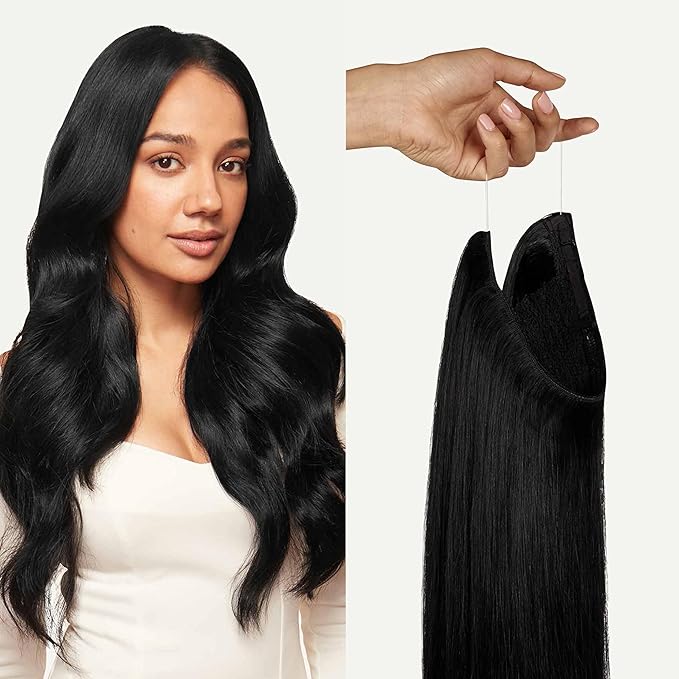 Luxy Hair 20" Jet Black Halo Clip-In Hair Extensions (180 grams) 100% Remy Human Hair, Quick Volume, 10-Piece Set, Blends Easily