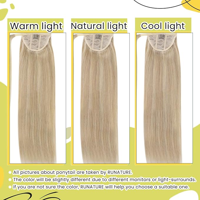 RUNATURE Human Hair Ponytail Extension Golden Blonde 14 Inch Ponytail Extensions Human Hair Light Blonde Highlighted Wrap Around Ponytail Human Hair Extensions Short Pony Tails Hair Extensions 70g