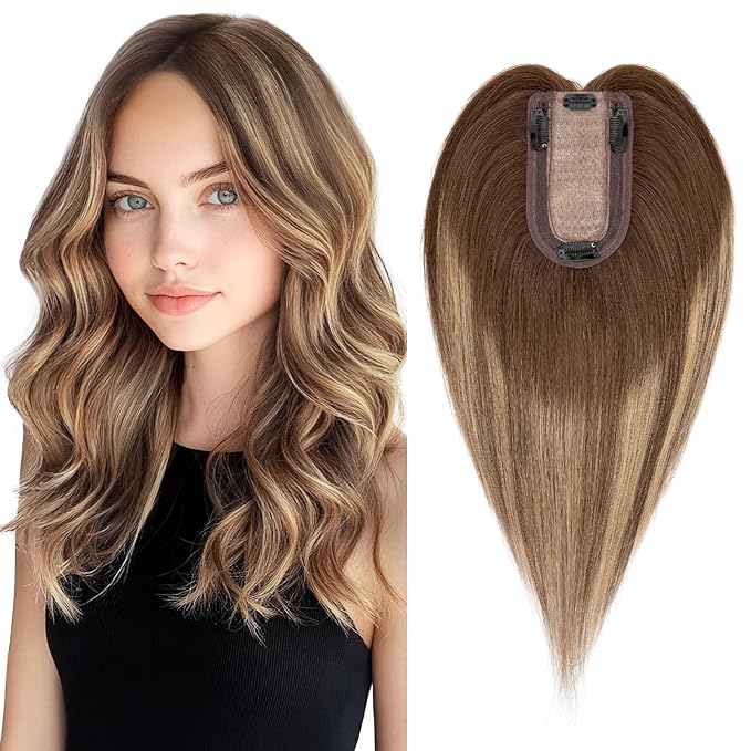 SEGO Hair Topper for Women, No Bangs Real Human Hair Topper with Anti-Slip Clips (12 Inches #4T4P27 Ombre Medium Brown Mix Dark Blonde)