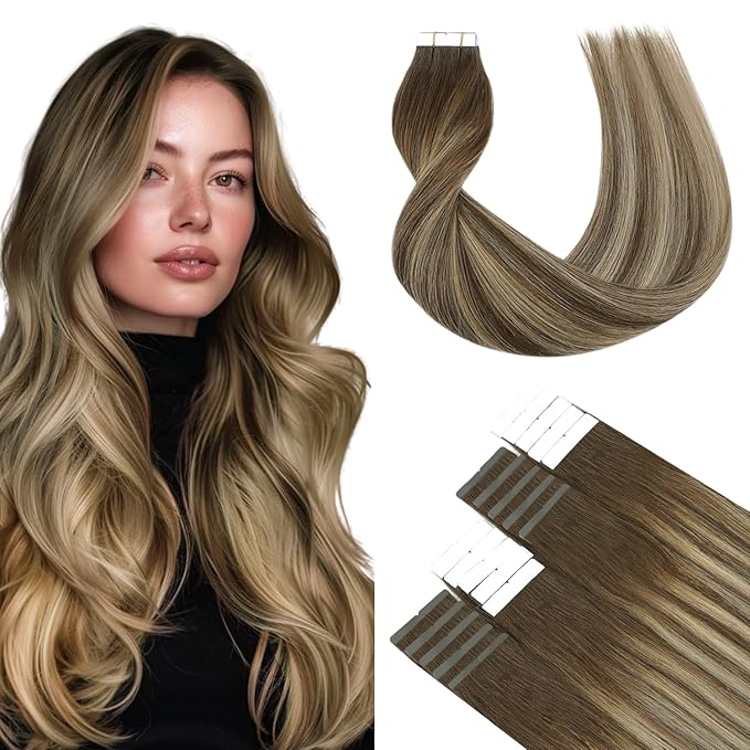 SURNEL 22 inch Tape in Hair Extensions Balayage #4/27/4 Chocolate Brown to Caramel Blonde Tape in Hair Extensions Human Hair 50g(#4/27/4-22)