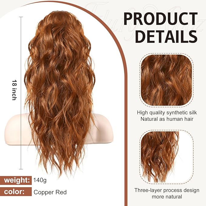 FLUFYMOOZ Ponytail Extension, 18 Inch Claw Clip Ponytail Extension, Wavy Curly Claw Clip in Ponytail Hair Extensions, Natural Fake Ponytail Synthetic Hairpiece for Women (Copper Red)