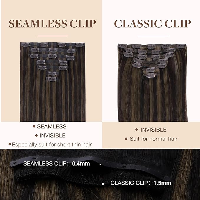 GOO GOO Clip in Hair Extensions Real Human Hair, Remy Human Hair Extensions Clip ins for Women, Natural Human Hair, 20inch 150g 7 Pcs, #2/6 Dark Brown Highlighted Chestnut Brown