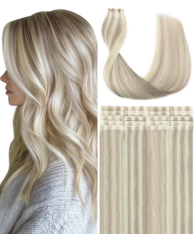 SURNEL Injected Tape in Hair Extensions 20Inch #18P60 Ash Blonde with Platinum Blonde Human Hair Seamless Invisible Tape in Extensions 20 Pcs 45g(#18P60,20)