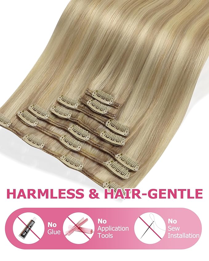 YoungSee Blonde Clip in Human Hair Extension Highlight Human Hair Clip in Extensions Light Blonde Highlighted Golden Blond Clip in Hair Extensions Real Human Hair for Women 24Inch 7Pcs 120G