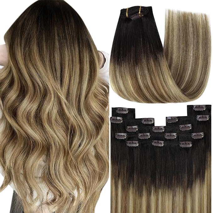 YoungSee 150g Balayage Clip in Hair Extensions Real Human Hair Dark Brown to Medium Brown with Warm Blonde Clip on Hair Extensions for Women Clip in Ombre Hair Extensions 22inch 7pcs