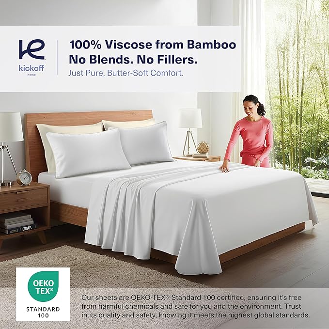 Kickoff Viscose Bamboo Pillowcase, King, Set of 2, 100% Organic Hidden Zippered Viscose Bamboo Pillow Case King Size, Cooling Pillow Cover for Hot Sleepers (20"x40", Trimmed, Buttercream)
