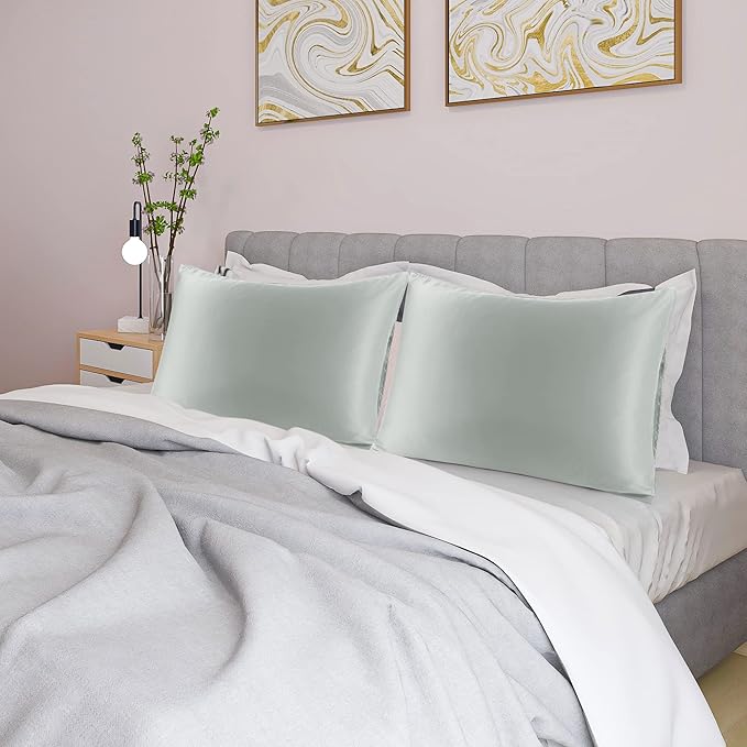 uxcell 2 Pack Silk Satin Pillowcase for Hair and Skin, Cool, Silky, Soft Breathable Pillow Cases Queen Size 20x30 Inch Sateen Pillowcase Light Gray with Envelope Closure