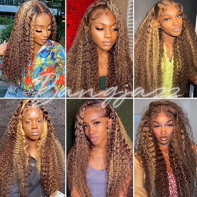 bangjazz 13x4 Deep Wave Lace Front Wigs Human Hair Highlight Ombre 13x4 HD Transparent Lace Frontal Wigs Human Hair 180% Density P4/27 Colored Glueless Curly Wigs for Black Women 16 Inch