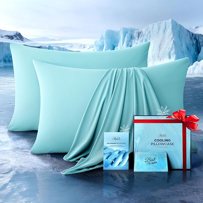 Ultra-Chill Cooling Pillowcase Set of 2 for Hot Sleepers, Softer Than Silk Pillow Cases for Protecting Hair & Skin, Breathable Bed Pillow Covers w/Zipper, Gifts for Women & Men (Mint Blue, Queen)