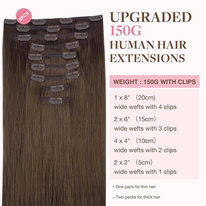 GOO GOO Clip in Hair Extensions Real Human Hair, Remy Human Hair Extensions Clip ins for Women, Natural Human Hair, 14inch 150g 9Pcs, 4A Chocolate Brown