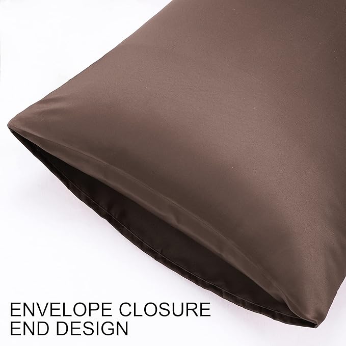 uxcell 2 Pack Silk Satin Pillowcase for Hair and Skin, Cool, Silky, Soft Breathable Pillow Cases Queen Size 20x30 Inch Sateen Pillowcase Brown with Envelope Closure