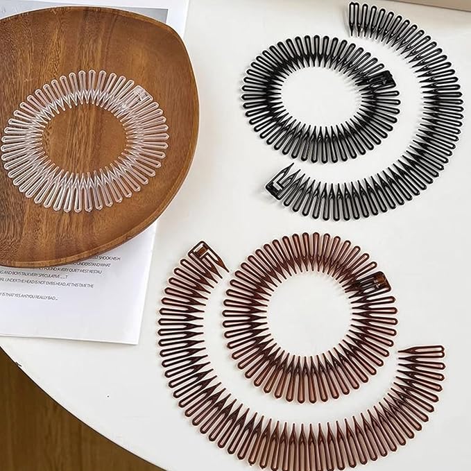12 PCS Stretch Full Circular Stretch Comb Hair Bands, Comb Headbands for Women, Fashion Makeup Non slip Toothed Hairs Clip, Hair Wrap Holder for Lady and Girls Brown