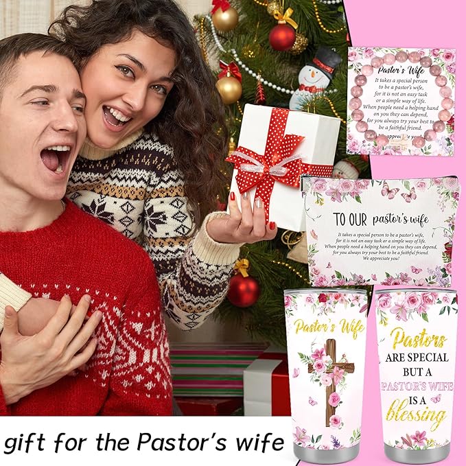 Keluna Pastors Wife Appreciation Gifts - Makeup Bag Tumbler Cup Stone Bracelet Christian Faith Religious Gifts Christmas Thank You Gift for Pastor Wife Women Birthday