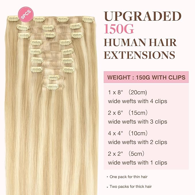 GOO GOO Clip in Hair Extensions Real Human Hair, Remy Human Hair Extensions Clip ins for Women, Natural Human Hair, 14inch 150g 9Pcs, 18A/613A Dark Blonde Highlighted Bleach Blonde