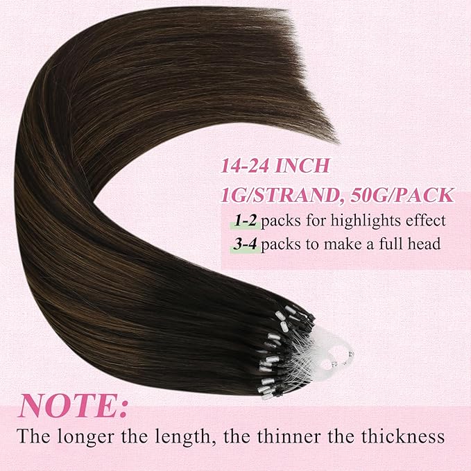 YoungSee Microlink Hair Extensions Human Hair Brown Micro Loop Hair Extensions Real Human Hair Balayage Dark Brown with Medium Browns Bead Hair Extension Ombre 14 Inch Remy Hair Extension 50s 50g
