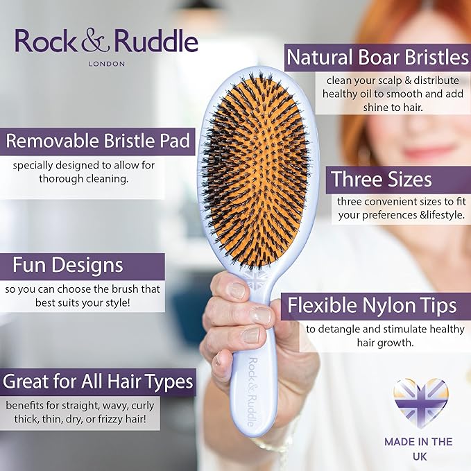 Rock & Ruddle Natural Mixed Boar Bristle Hair Brush for Women and Kids (Small/Travel Size, 17.5cm) - Perfect for Wet or Dry Hair, Detangling Smoothing Blowdrying - Made in UK - Cats & Dogs Design