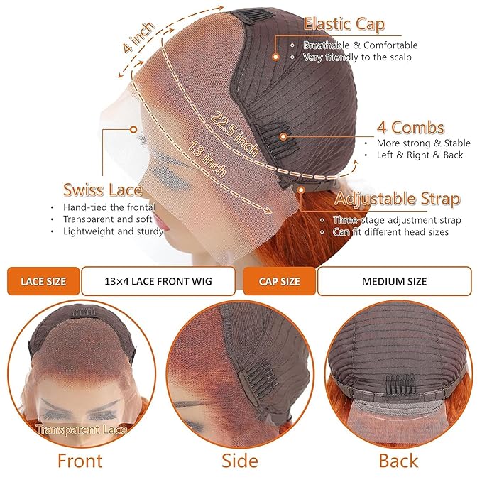 Ginger Wig Human Hair 13x4 Straight Ginger Orange Lace Front Wigs Human Hair HD Transparent Lace Frontal 350 Colored Hair Wig Pre Plucked With Baby Hair 180% Density 26inch