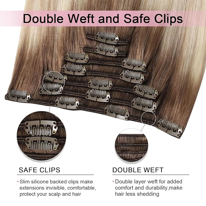Pro2.0 Clip in Hair Extensions Real Human Hair 20inch 7pcs #8/60/18 Ash Brown to Ash Blonde Mix Platinum Remy Real Human Hair Extensions Clip ins 120g Thick Double Weft（#8/60/18-20inch）