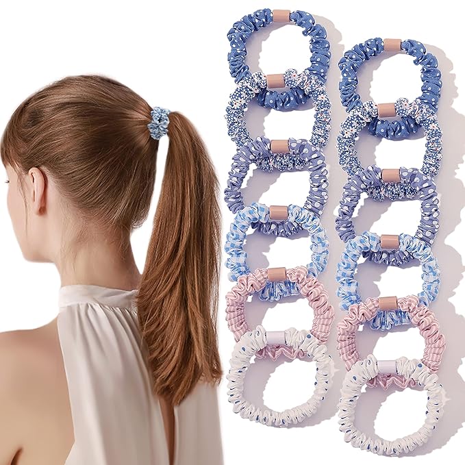 Hair Ties Scrunchies - Small Mini Scrunchy for Women Thick Hair Accessories Cute Soft No Slip Hair Elastics Ponytail Holder for Curly Hair No Damage Hairties Gift for Girls Blue Set