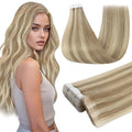 Full Shine Seamless Tape in Hair Extensions 16 Inch Invisible Machine Remy Tape in Extensions Color 16 Golden Blonde Highlight 22 Medium Blonde Injected Hand-Tied Real Human Hair 20 Pcs 40G Soft
