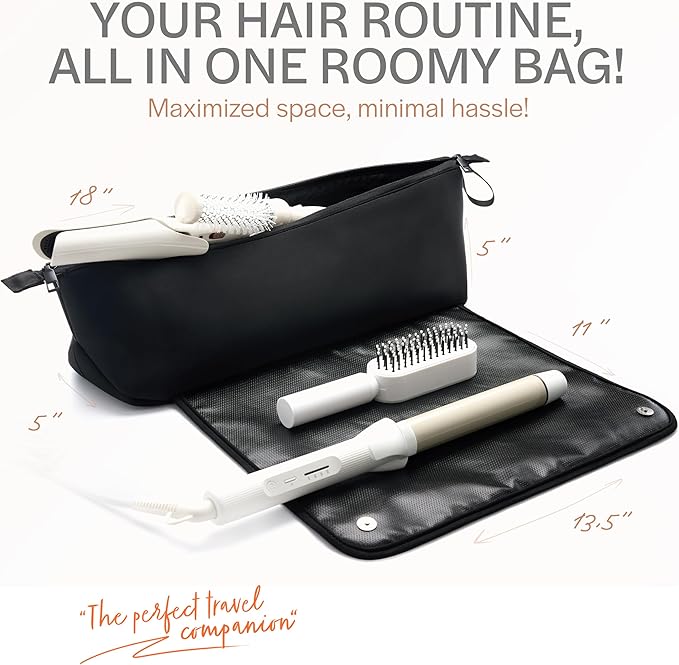 Aerotrunk Hair Tools Organizer - Hot Hair Tools Travel Bag with Heat Resistant Mat, Large Capacity Pouch for Flat Irons, Curling Wands, Hair Dryers - Black