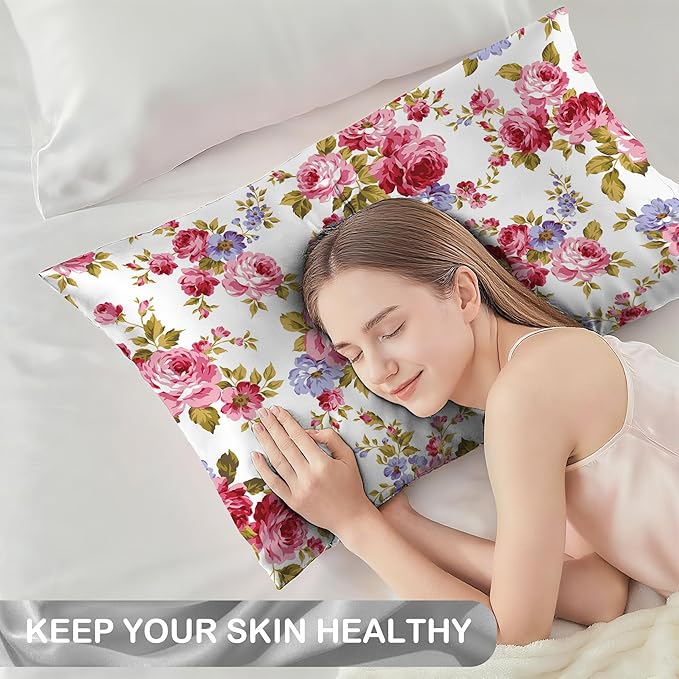 Satin Pillowcase 1 Pack-Rose Flower Floral Silky Pillow Cover for Hair and Skin,King Size 20x36 Inch Soft Cooling Printed Pillow Cases with Hidden Zipper,Gifts for Women Men