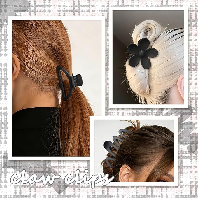 12 Pcs Claw Clips, Multi-Shapes Hair Clips for Women Girls, Non-Slip Large Jaw Claw Clips for Thick Thin Curly Hair Accessories (Black)
