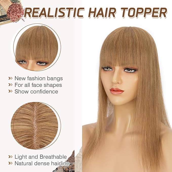 Rich Choices Real Human Hair Toppers for Women With Bang 100% Remy Human Hair Topper for Thinning Hair Clip in Silk Base Hair Topper 10 Inch #6 Light Brown