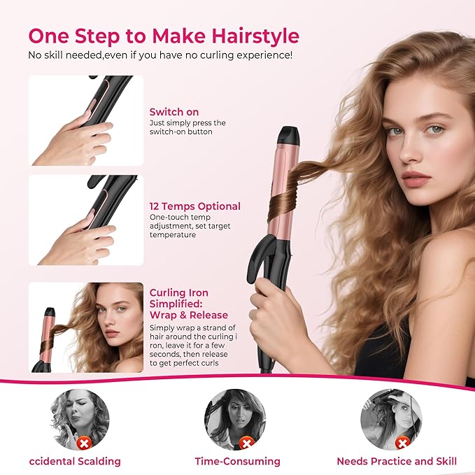 2 in 1 Curler and Straightener Travel Dual Voltage Curling Iron 1.25 Inch Normal Size Hair Curler Ceramic with EU/UK Plug Adapter for Travel Curling Wand Adjustable Temperature and Anti-Tangle