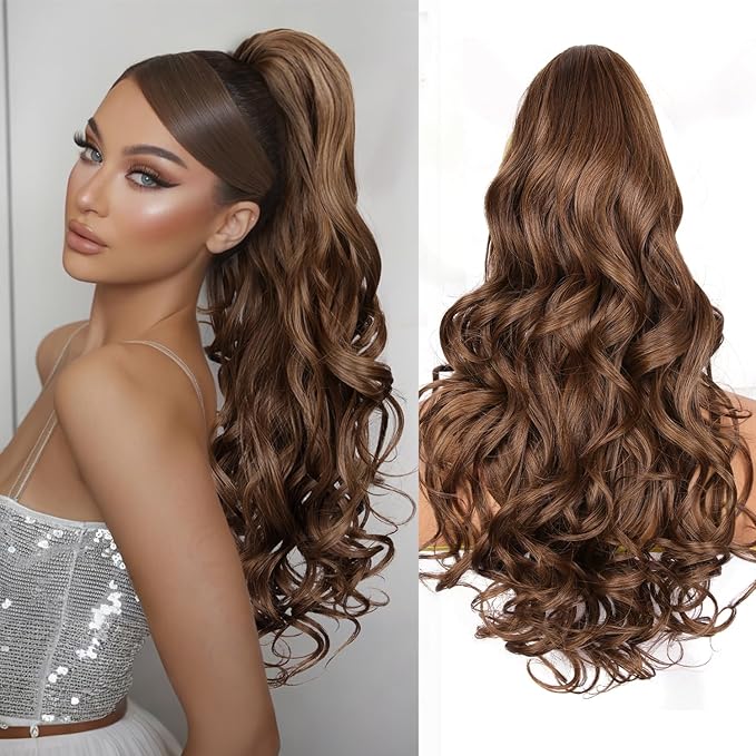 24 Inch Ponytail Extension, Clip on Ponytails for Women, Long Curly Wavy Ponytail Extensions for Women, Synthetic Layered Pony Tails Hair Extensions (Color: Medium Brown Mixed Honey Blonde)