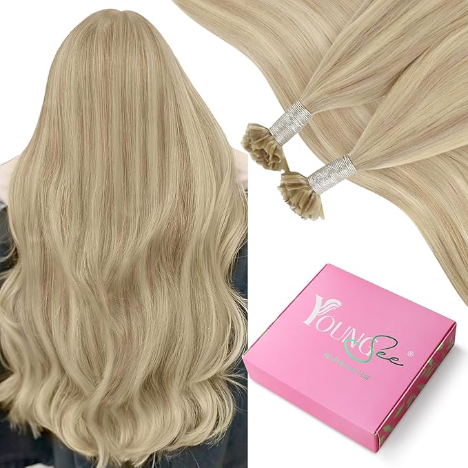 YoungSee U Tip Hair Extensions Highlight Ash Blonde with Bleach Blond U Tip Hair Extensions Human Hair Highlight Utip Hair Extension Blonde Hot Fusion Hair Highlight 16In 1G/S 50G for Wedding