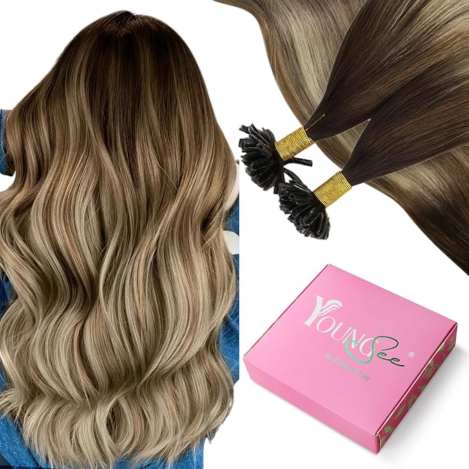 YoungSee U Tip Hair Extensions Human Hair Balayage 14In Utip Remy Hair Extensions Ombre Dark Brown to Brown with Blonde 50s/50g