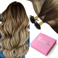 YoungSee U Tip Hair Extensions Human Hair Balayage 14In Utip Remy Hair Extensions Ombre Dark Brown to Brown with Blonde 50s/50g