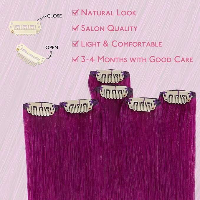 WENNALIFE Violet Clip in Hair Extensions Real Human Hair 35g 6pcs 22 Inch Colored Hair Extensions for Kids Women Colorful Hair Pieces Pop-up Style Straight Extensiones De Cabello Humano Con Clip