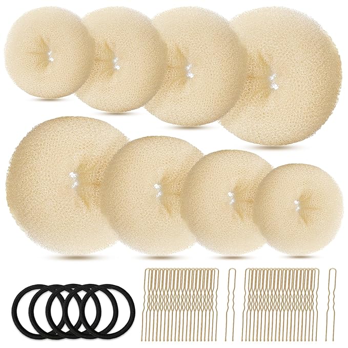 FANDAMEI Hair Bun Maker Set- 8 PCS Hair Donuts for Buns (2 Extra-large,2 Large,2 Medium and 2 Small), 40 PCS Bobby Pins, 5 PCS Hair Elastic Ties Black,Bun Maker - Gold