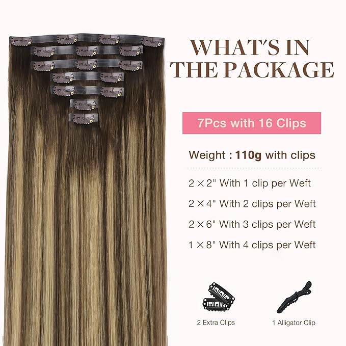 GOO GOO Clip in Hair Extensions Real Human Hair, Remy Human Hair Extensions Clip ins for Women, Natural Human Hair, 18inch 110g 7Pcs, 4/27/4 Balayage Chocolate Brown to Caramel Blonde