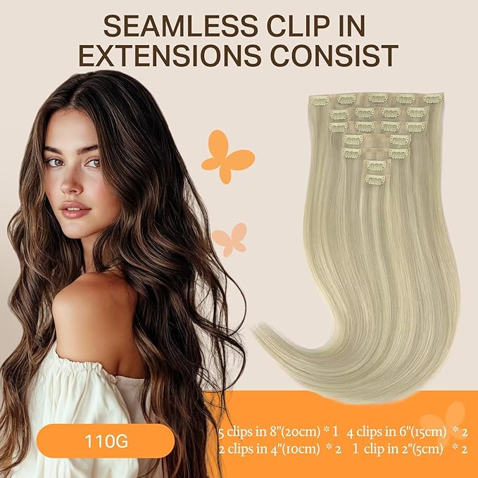 DOORES Seamless Clip-in Hair Extensions - Ash Blonde Highlighted Platinum Blonde, 110g, 7pcs, 18 Inch, Straight Invisi Edge