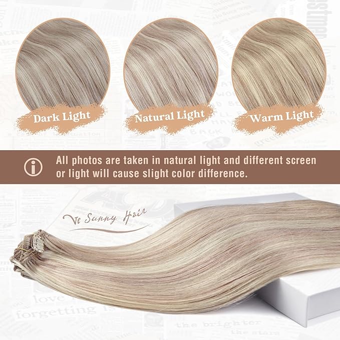 Ve Sunny Clip in Hair Extensions Real Human Hair 20inch Remy Hair Extensions for Women Real Hair Ash Blonde Highlight Bleach Blonde Hair Double Weft 7pcs 120g
