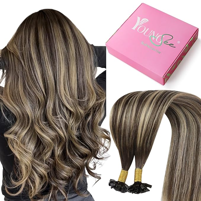 YoungSee Ktip Hair Extensions Ombre Dark Brown with Ash Blonde K Tips Hair Extensions Human Hair Ombre 24In 1G/S 50G