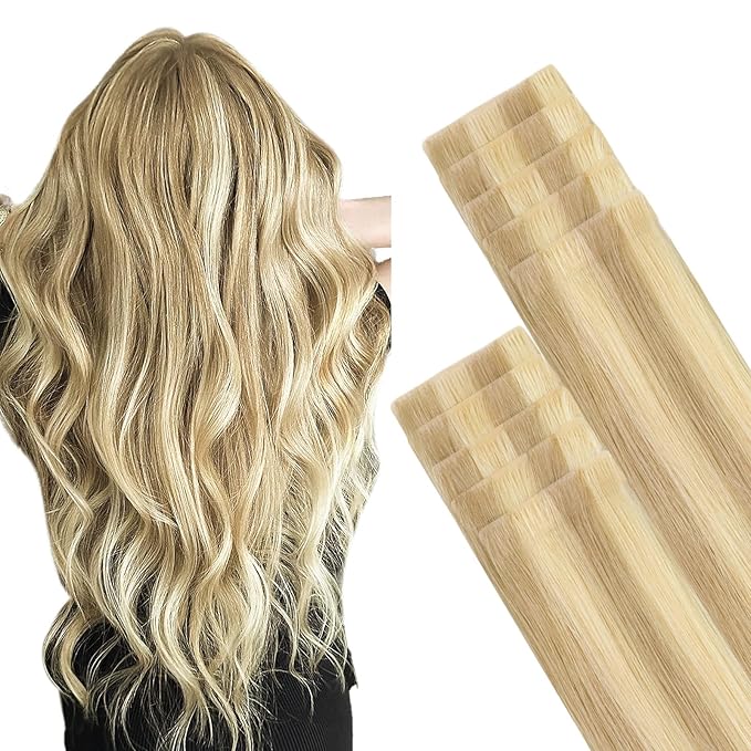 GOO GOO Invisi Edge Tape in Hair Extensions Human Hair, 18D/22F Dirty Blonde Highlights, 10pcs 18inch 25g, Virgin Remy Hair, Seamless Injected Tape, Natural Look