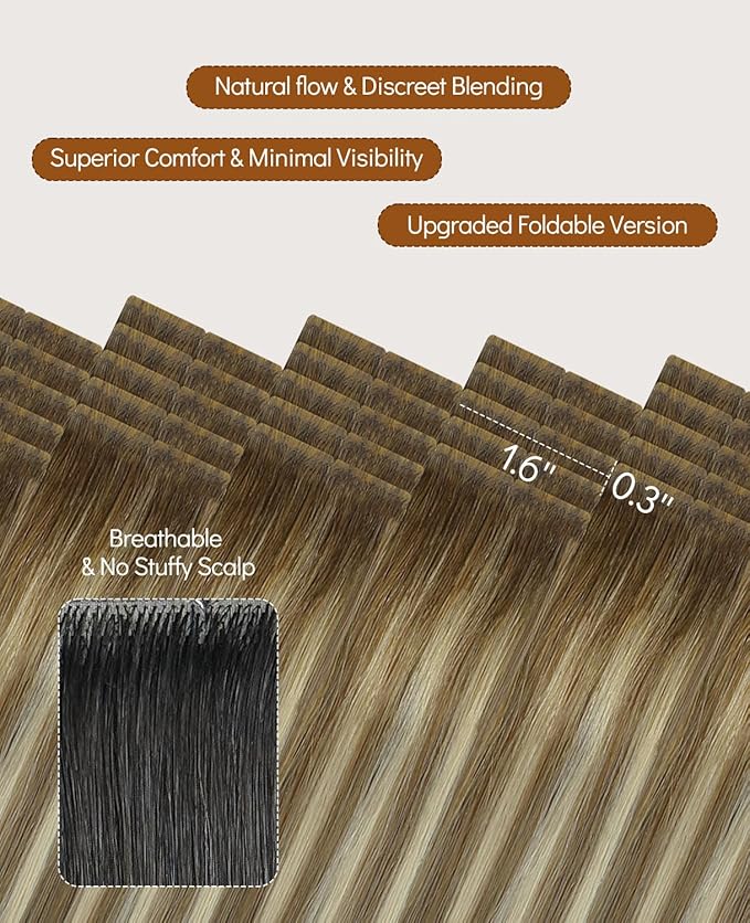 VINBAO Invisi Edge Tape in Human Hair Extensions Balayage Brown to Light Brown with Medium Blonde 14in 40g 20pcs Injected Tape in Real Human Hair 14inch #3/8/22