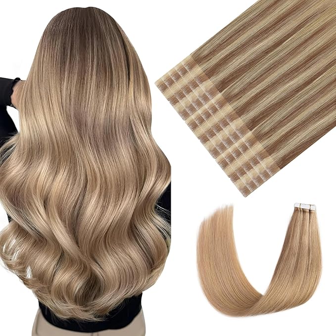 Youngsmile Injection Tape in Hair Extensions Human Hair Balayage #10/27/27 Golden Brown to Caramel Blonde 20pcs 50g 22 Inch Injected Tape in Hair Extensions Seamless Remy Human Hair (#10/27/27,22'')
