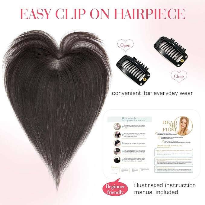 Hairro Human Hair Toppers For Women Wispy Thin No Bang Middle Part Side Bangs Hair Clip Short Wiglet Hairpieces Natural 11 Inches 14.5g #1B Natural Black