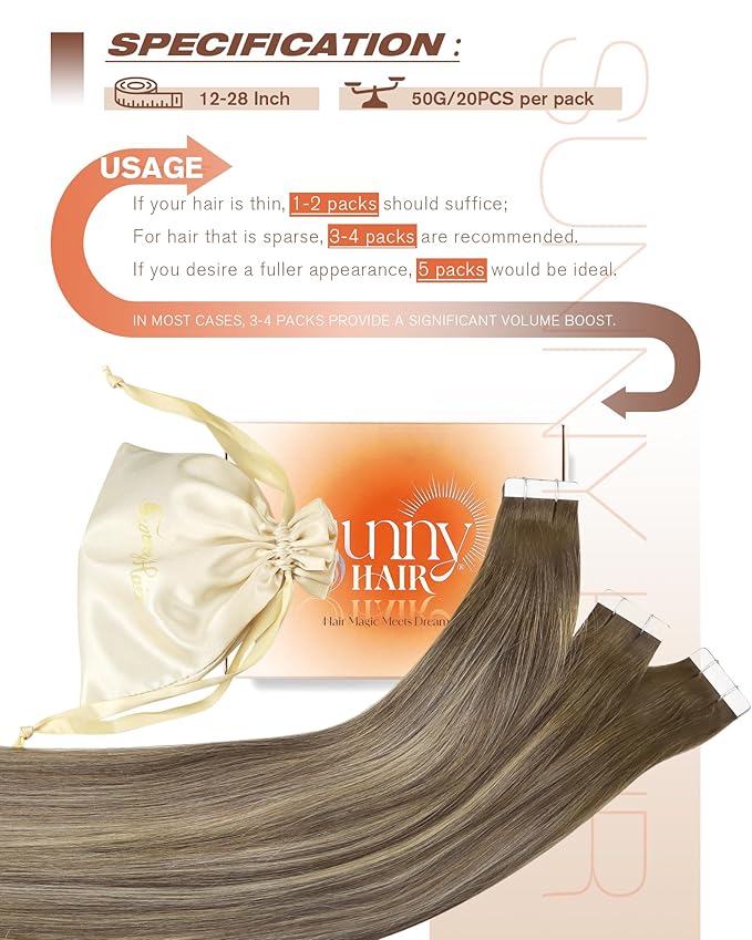 Sunny Hair Tape in Hair Extensions Human Hair 14 Inch Hair Extensions Real Human Hair Tape in Extensions for Women Cool Brown to Light Brown Balayage Blonde Invisible Remy Hair Skin Weft 20Pcs 50g
