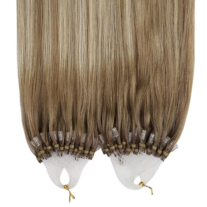 YoungSee Micro Link Hair Extensions Human Hair Balayage Blonde Micro Bead Hair Extensions Real Human Hair Light Brown Ombre Platinum Blonde Microloop Hair Extension 18In for Wedding 50g 50s