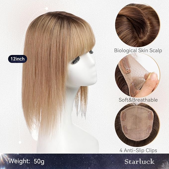 starluck Hair Toppers for Women with Bangs, 5"*5.5"Large Coverage Ombre Ash Blonde 100% Real Human Hair Toppers for Women with ThinningHair,Cover Gray HairRoots