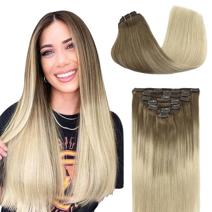 GOO GOO Clip in Hair Extensions Real Human Hair, Remy Human Hair Extensions Clip ins for Women, Natural Human Hair, 20inch 120g 7Pcs, 9/60 Balayage Ash Brown to Platinum Blonde